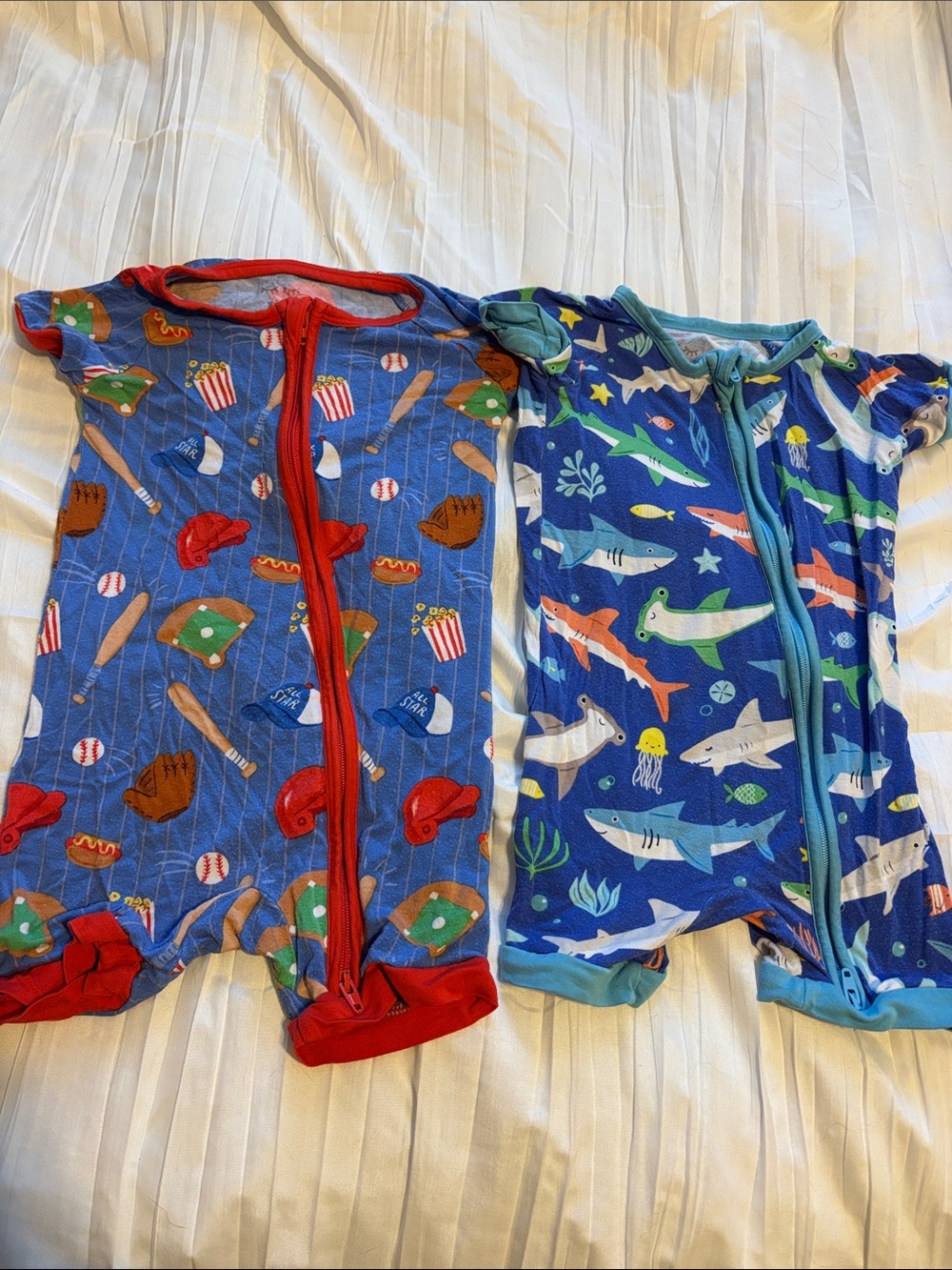 Little Sleepies Red-Trim Baseball & Blue Shark Print Two-Pack One-Pieces